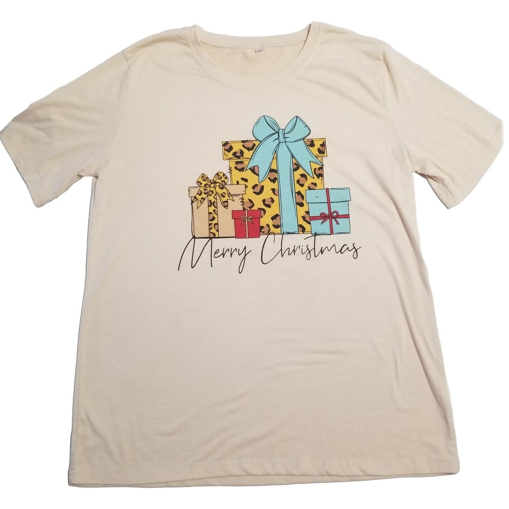 Merry‎ Christmas Womens Present Ivory Xlarge Tshirt Short Sleeve NWOT